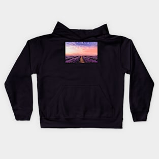 Lavender field under multicolored cloudy sky Kids Hoodie